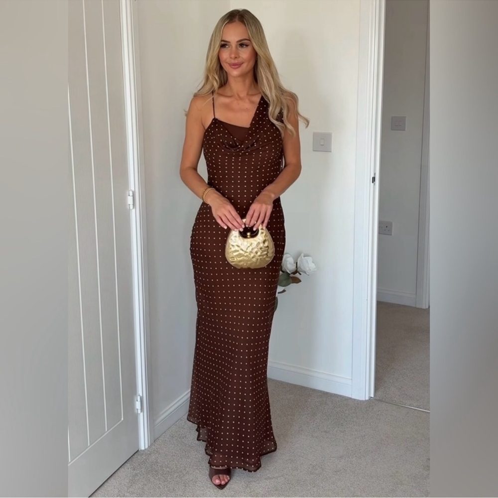 ZARA Brown Draped Neck Polka Dot Maxi Dress - Picture 4 of 17
